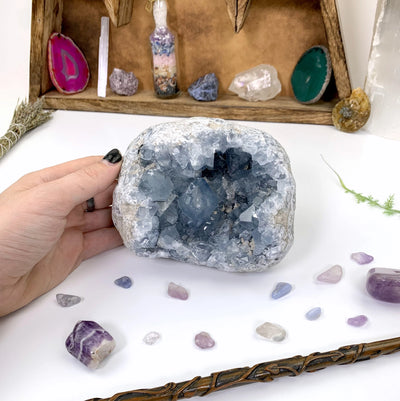 celestite with decorations in the background