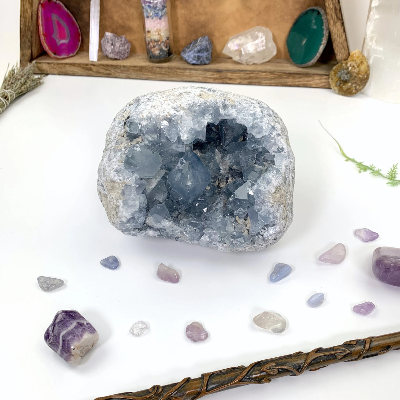 celestite with decorations in the background