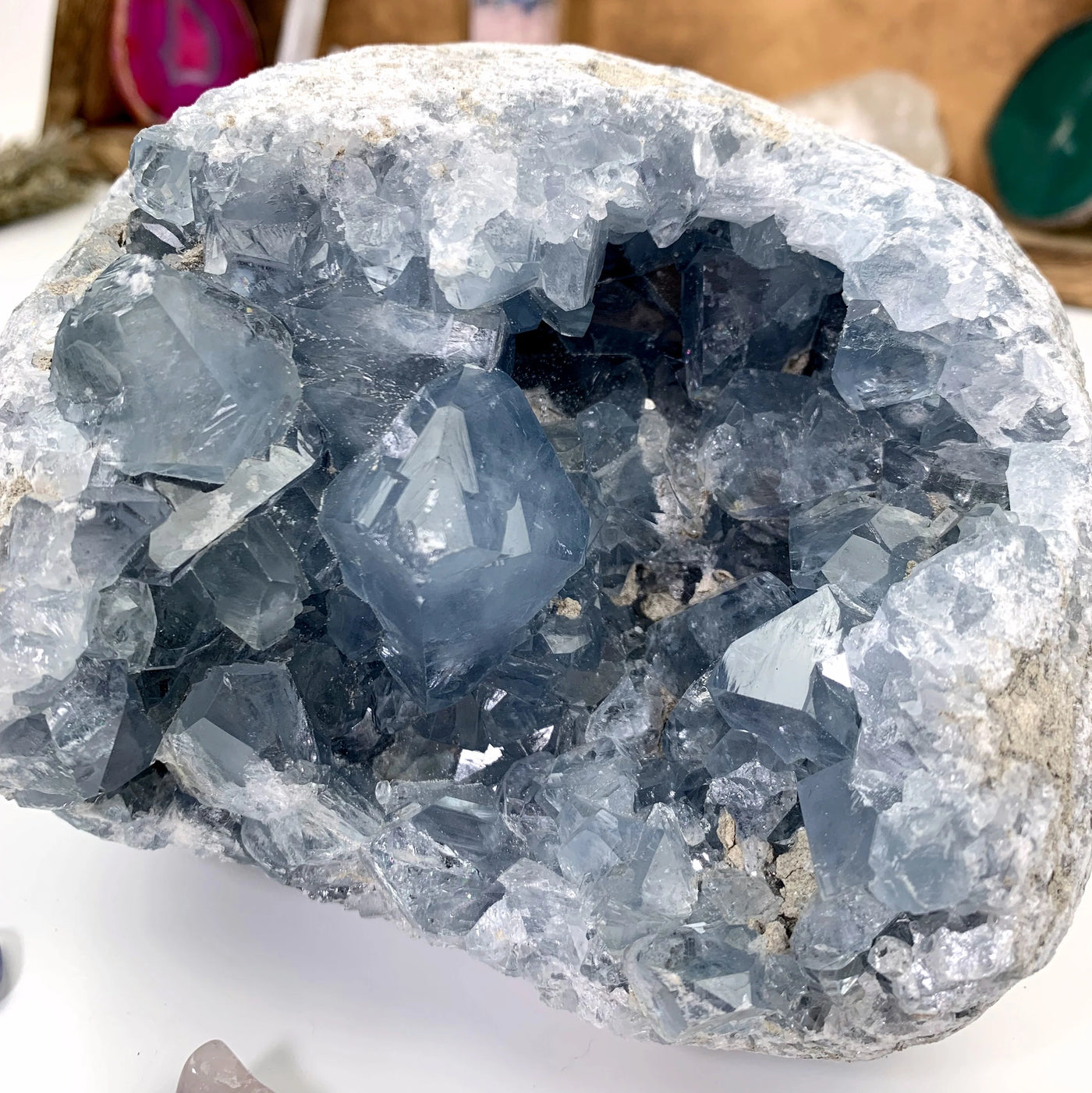 celestite with decorations in the background