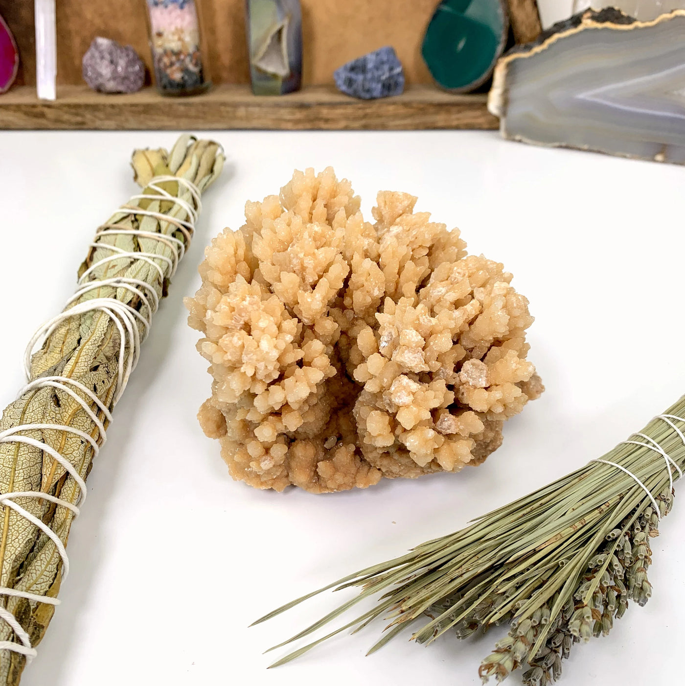 calcite with decorations in the background