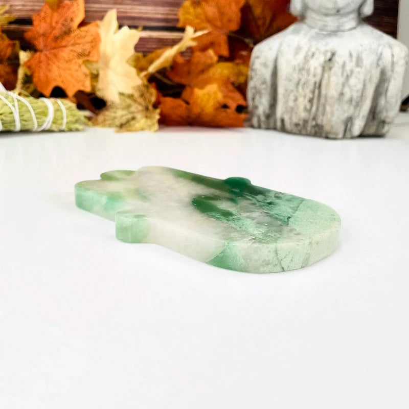 Green and White Quartz Hamsa Hand Stone Slice from another view showing thickness. 