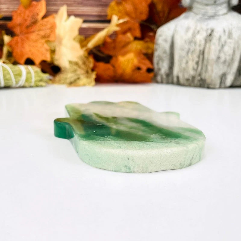 Green and White Quartz Hamsa Hand Stone Slice