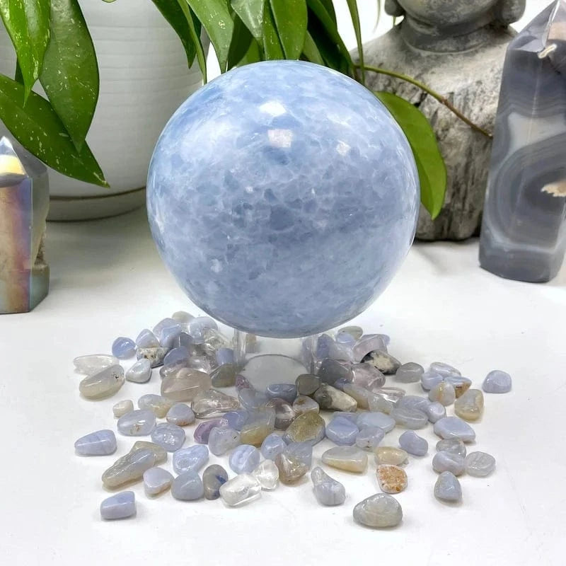 Blue Calcite Polished Sphere on display