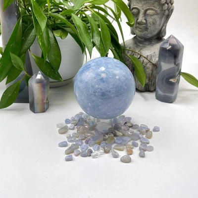 Blue Calcite Polished Sphere on display
