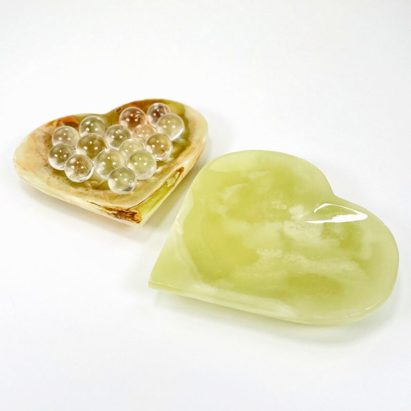 2 Green Mexican Onyx Heart Bowls, one with small spheres in it.