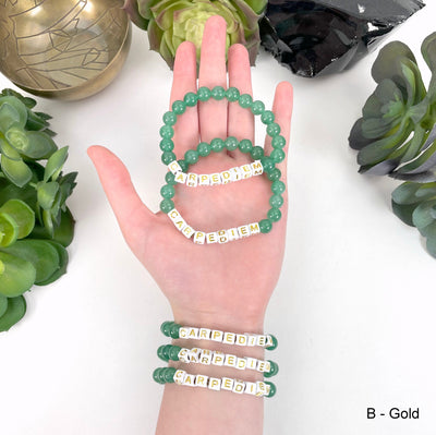 aventurine Crystal Mala Bead Bracelet - CARPE DIEM -  Letter Beads in gold print on white beads