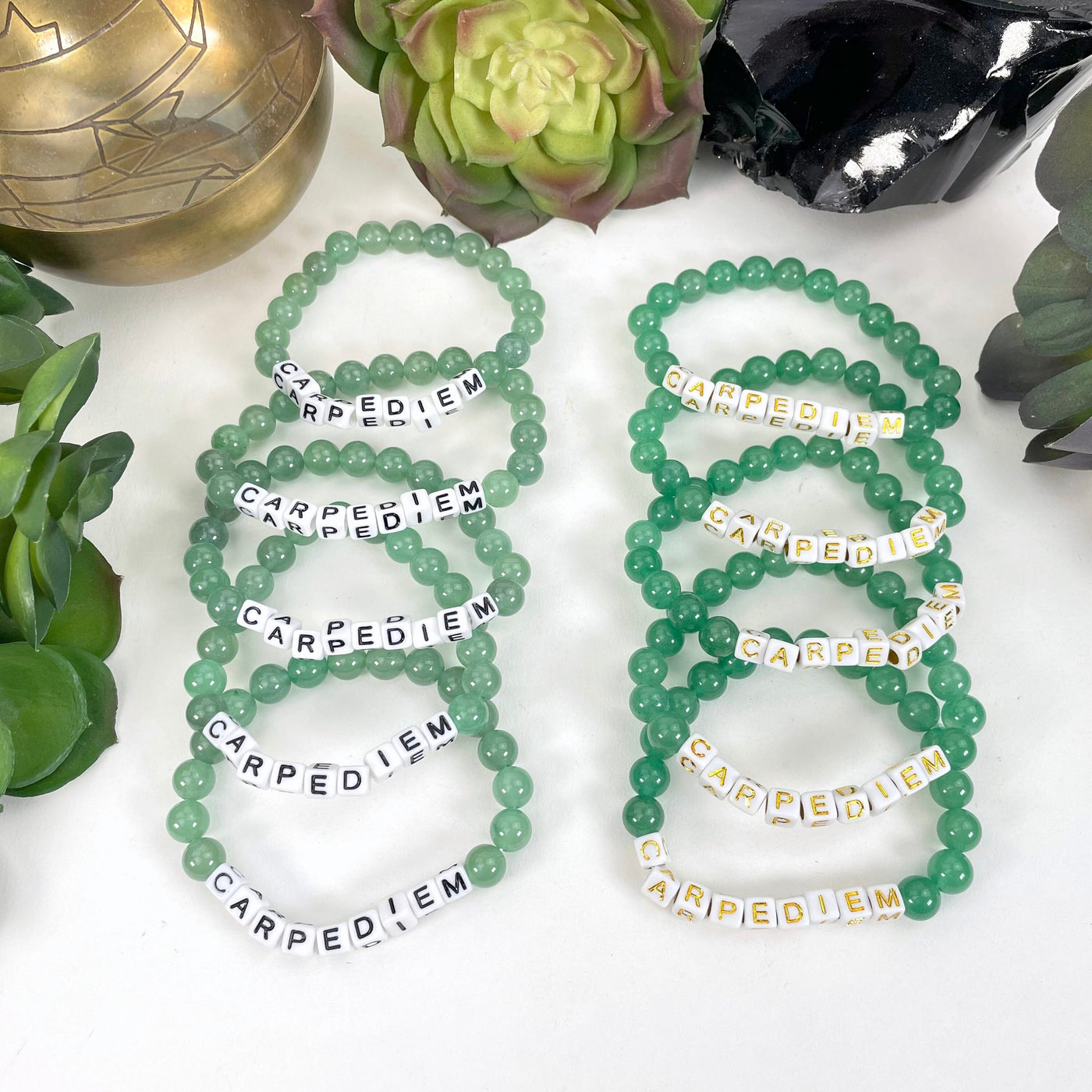 Green Aventurine Crystal Mala Bead Bracelet - CARPE DIEM -  white beads with gold Letter print