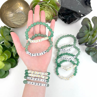 green aventurine Crystal Mala Bead Bracelet - CARPE DIEM -  Letter Beads on a wrist and in hand