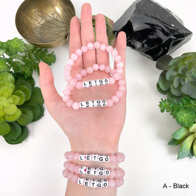 Rose Quartz Crystal Mala Bead Bracelet - LET GO -  Black print to the Letter Beads Bracelet