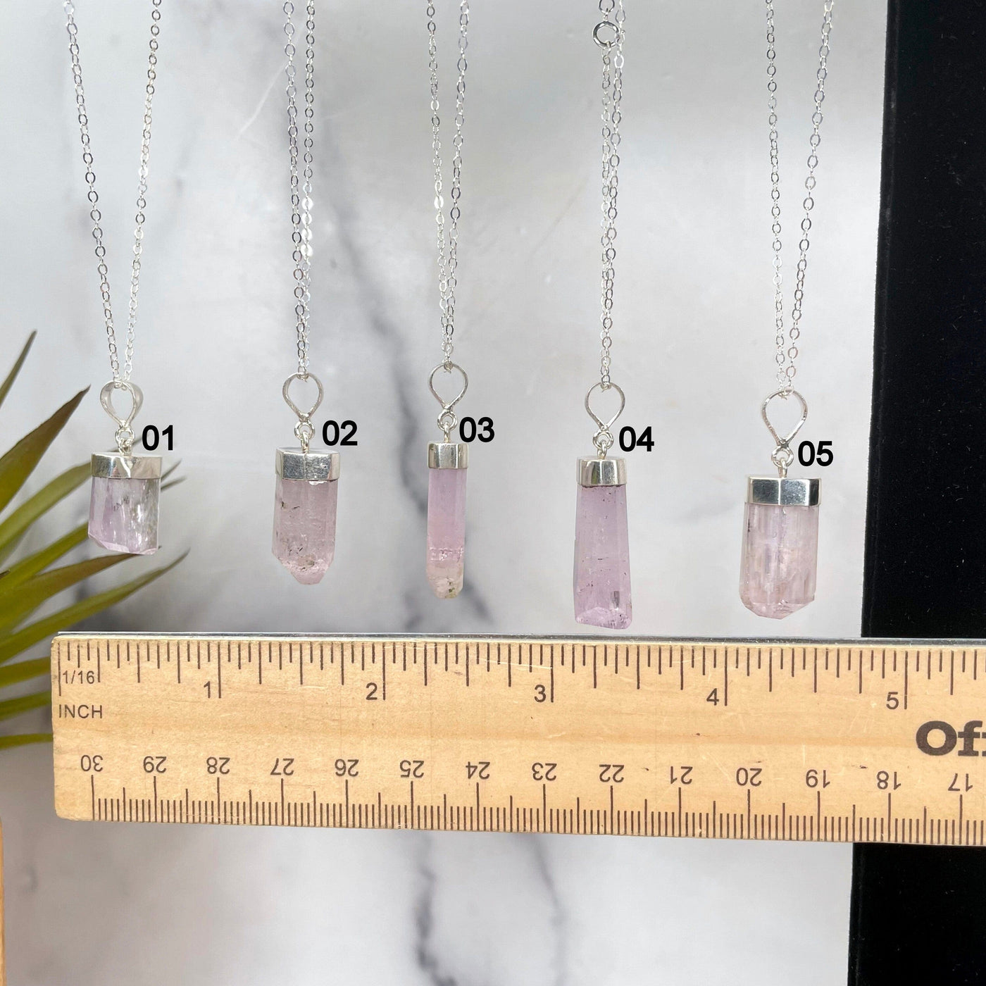 Pink Kunzite Necklace with Sterling Silver Chain showing with a ruler for size reference