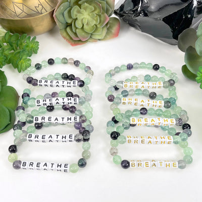 Fluorite Crystal Mala Bead Bracelet - BREATHE  - white  Letter Beads  with gold and black print