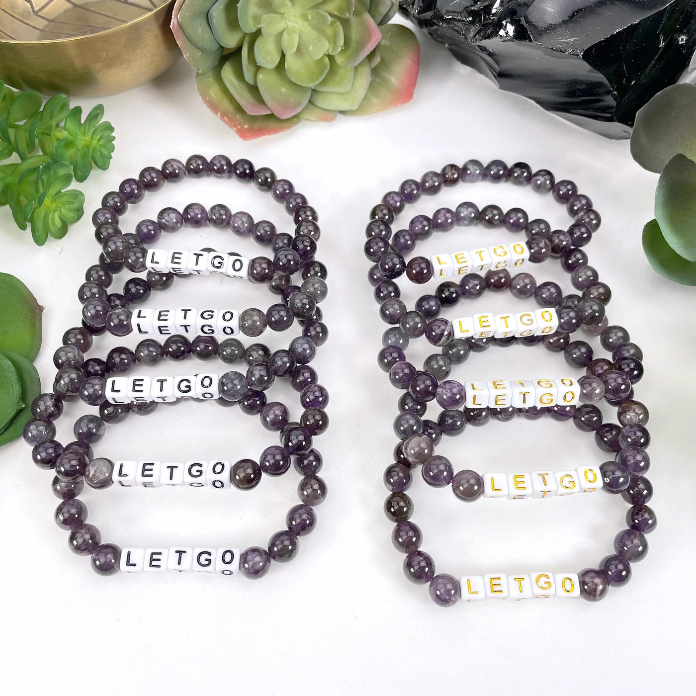 Amethyst Crystal Mala Bead Bracelet - LET GO -  Letter Beads in black print and gold print