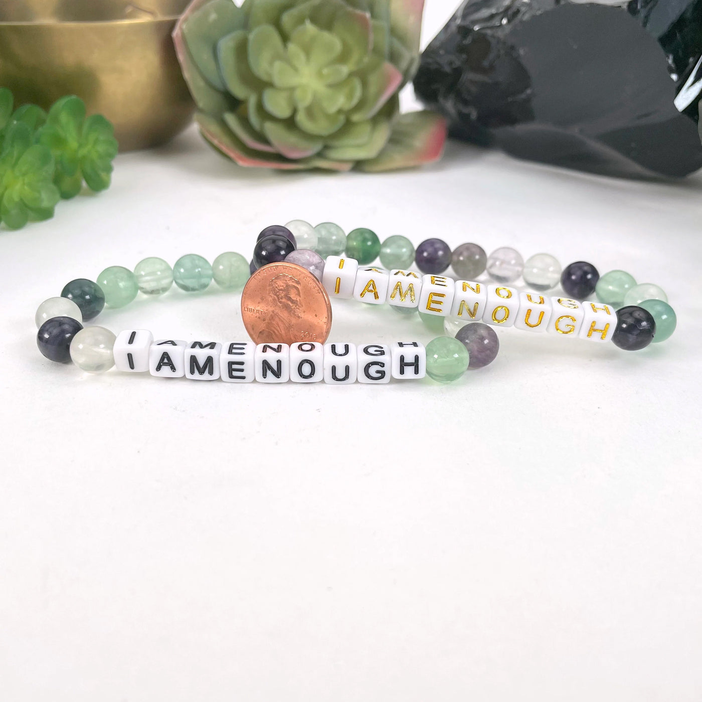 Fluorite Crystal Mala Bead Bracelet - I AM ENOUGH - next to a coin for size reference