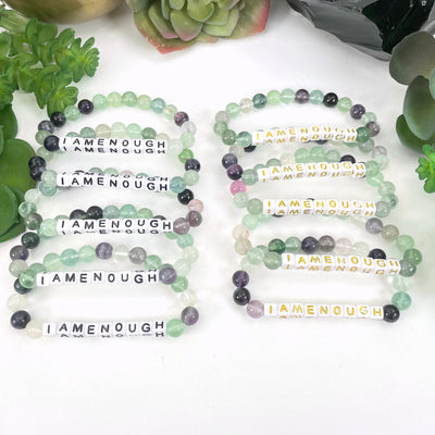 Fluorite Crystal Mala Bead Bracelet - I AM ENOUGH -  white Letter Beads with black and Gold print options