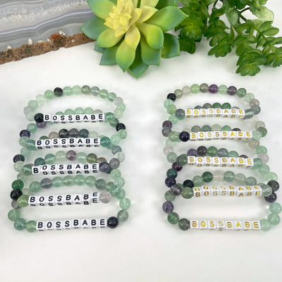 Fluorite Crystal Mala Bead Bracelet - BOSS BABE  -  Letter Beads with black and gold print