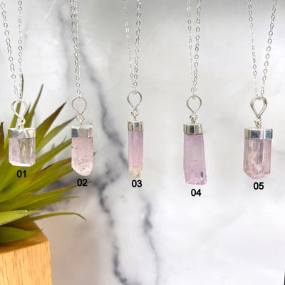 Pink Kunzite Necklace with Sterling Silver Chain showing coices $1-#5