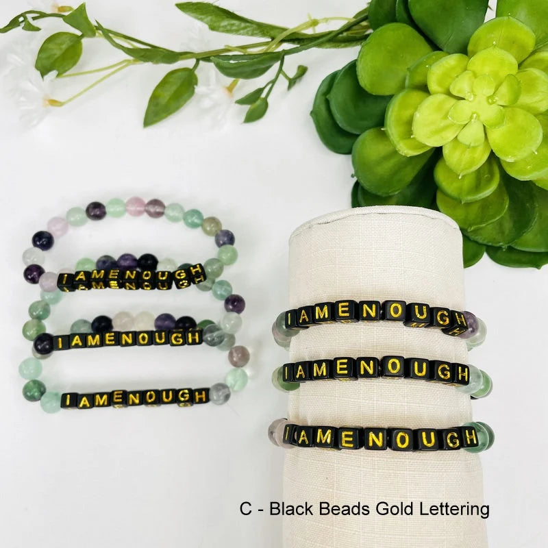 Fluorite Crystal Mala Bead Bracelet - I AM ENOUGH - Black  Letter Beads in Gold print