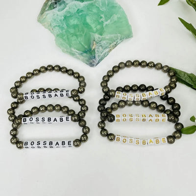 Pyrite Crystal Mala Bead Bracelet - BOSS BABE  -  white Letter Beads  with black and gold print