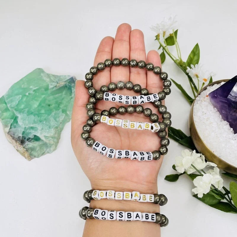 Pyrite Crystal Mala Bead Bracelet - BOSS BABE  -  Letter Beads Bracelet in hand and on a wrist