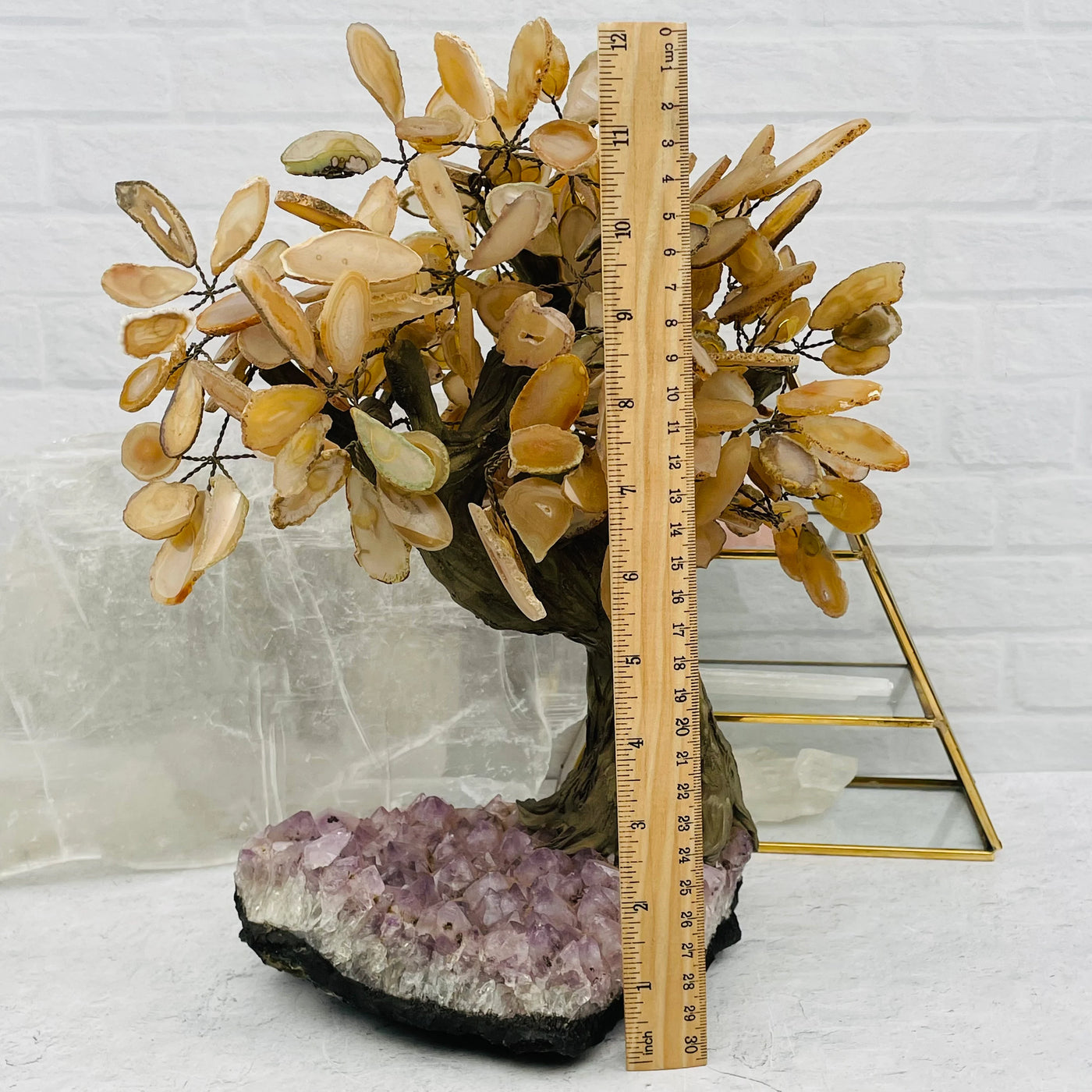 Agate tree with decorations in the background