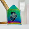 Rainbow Titanium Agate Crystal Point with wood display in background on white base for reference.