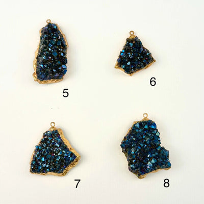 Mystic Blue Titanium Crystal Cluster Gold Plated Pendant - You Choose pendants 5 6 7 8 labeled