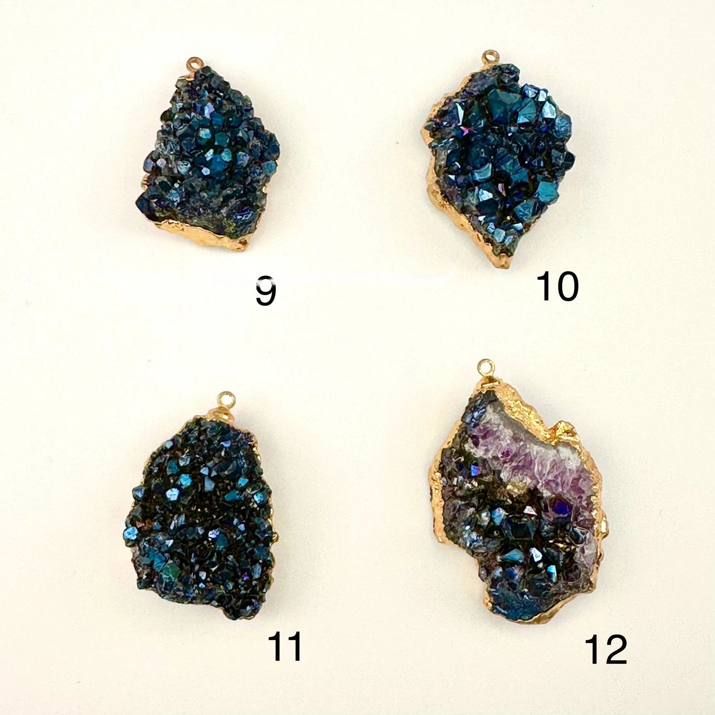 Mystic Blue Titanium Crystal Cluster Gold Plated Pendant - You Choose pendants 9 10 11 12 labeled