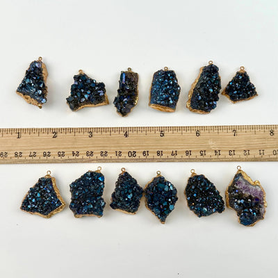 Mystic Blue Titanium Crystal Cluster Gold Plated Pendant - You Choose all pendants next to ruler for size reference