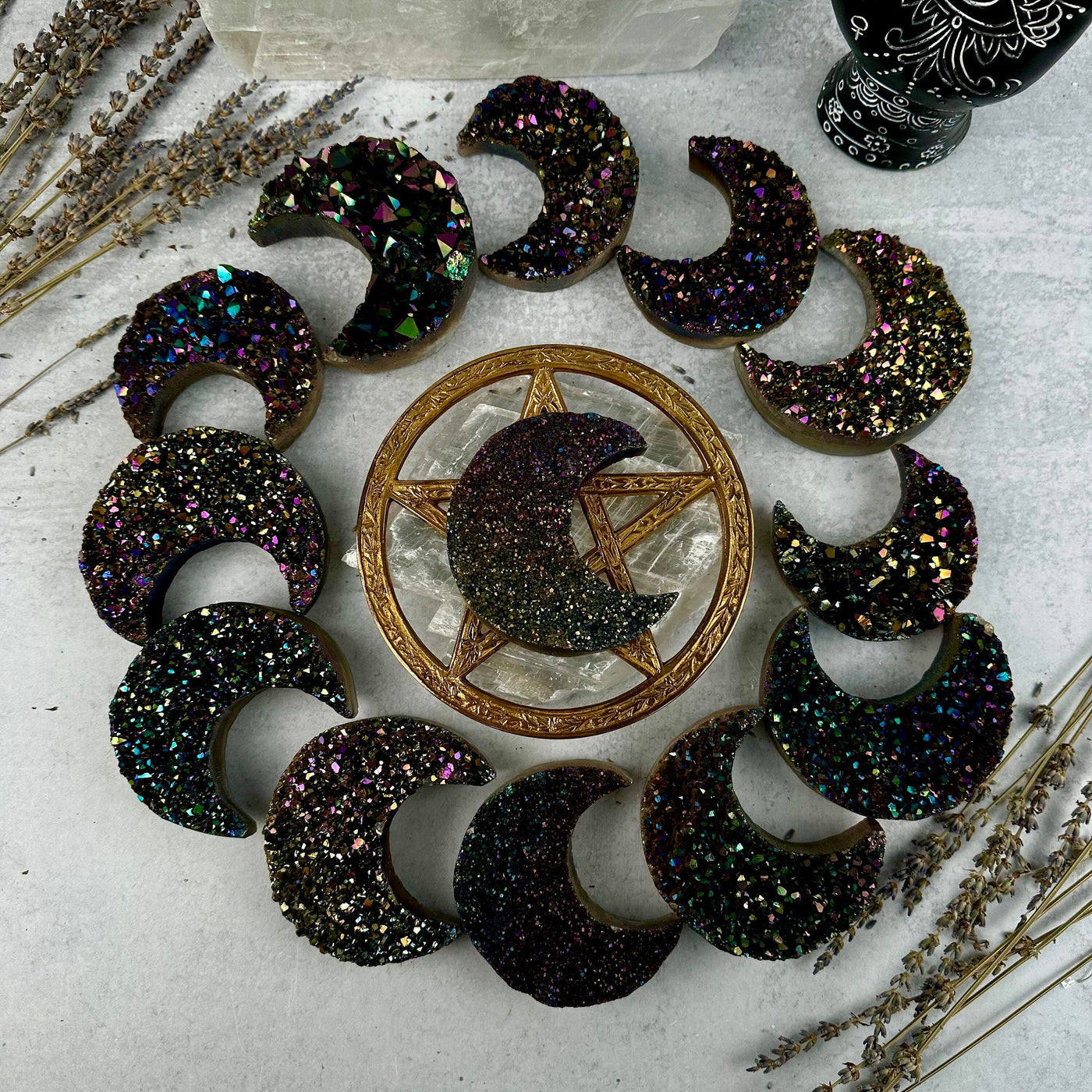 Titanium Druzy Crystal Crescent Moon - YOU CHOOSE all variants in a circle with one moon in the center on a pentagram