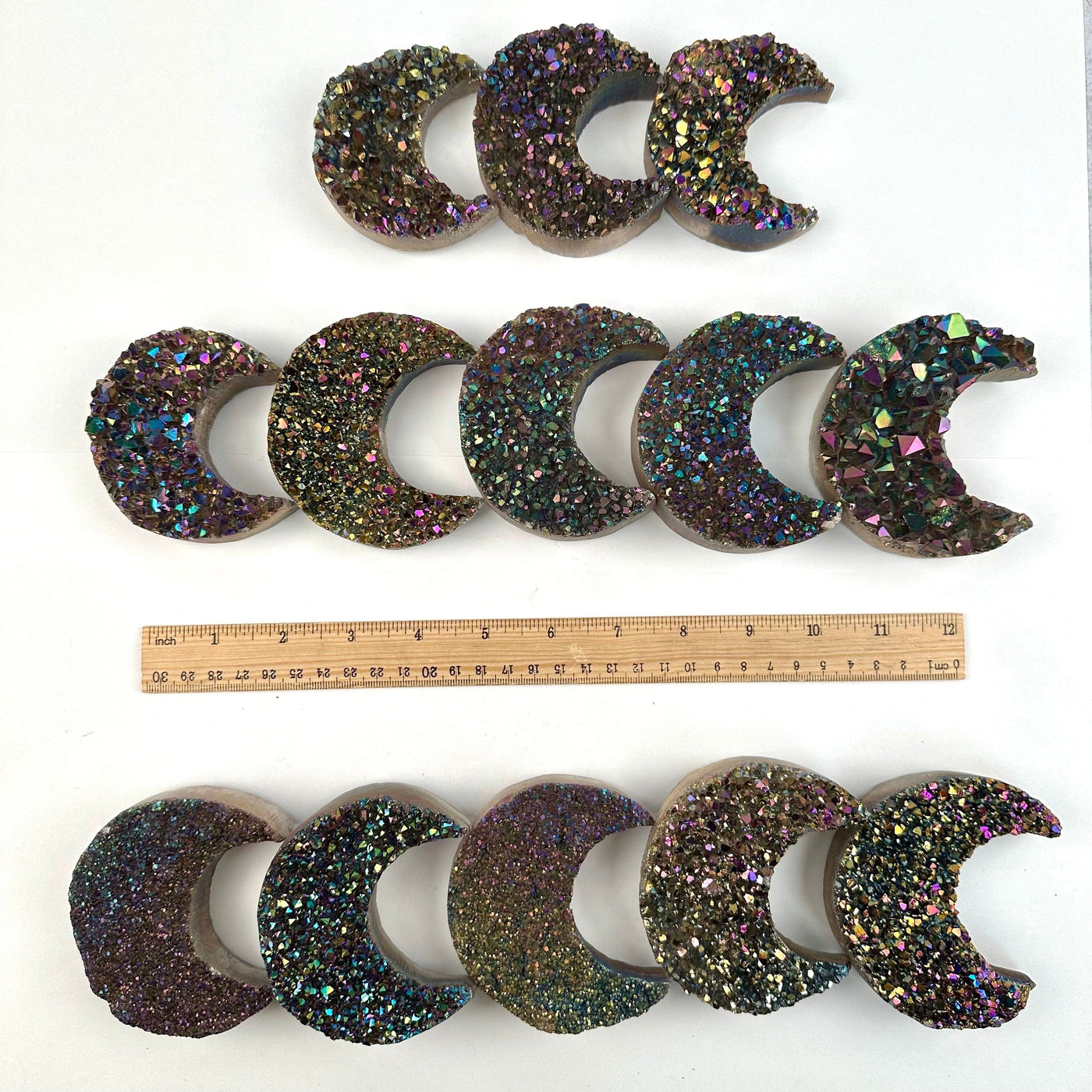 Titanium Druzy Crystal Crescent Moon - YOU CHOOSE all variants with ruler for size reference