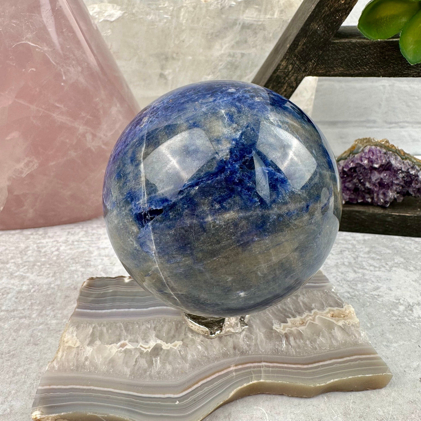 Sodalite Sphere - Crystal Ball - OOAK on sphere stand on agate slice