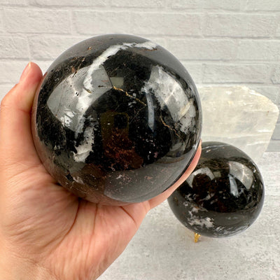 Black Agate Spheres - Crystal Ball - You Choose variant 1 in hand for size reference