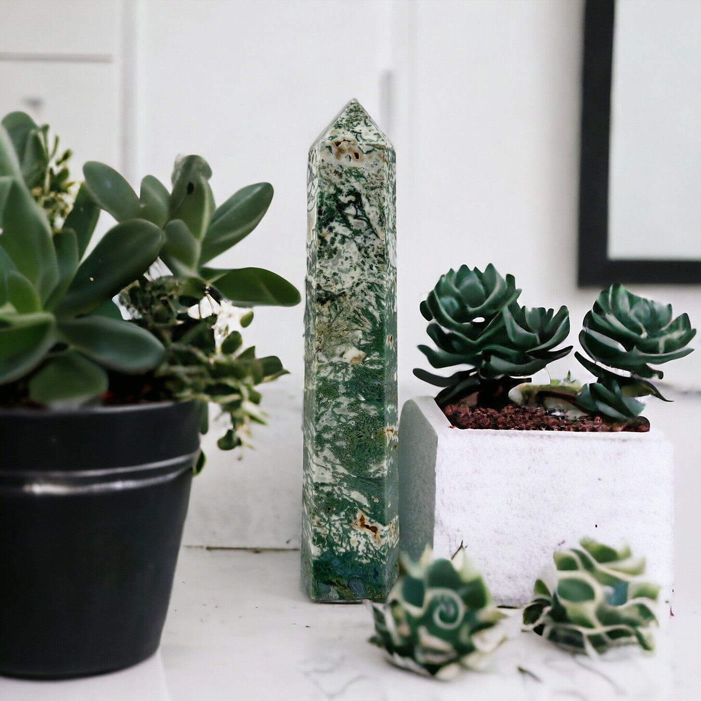 Moss Agate Tower - OOAK - OOAK with succulents on white marble countertop