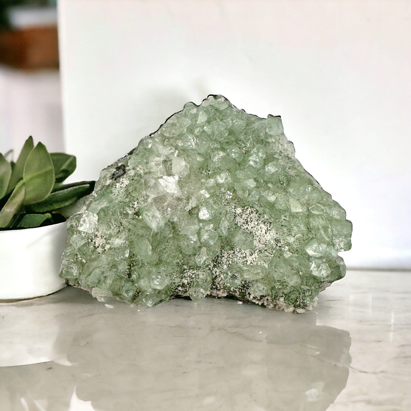 Green Apophyllite on Matrix Zeolite Crystal Cluster on marble countertop with succulent