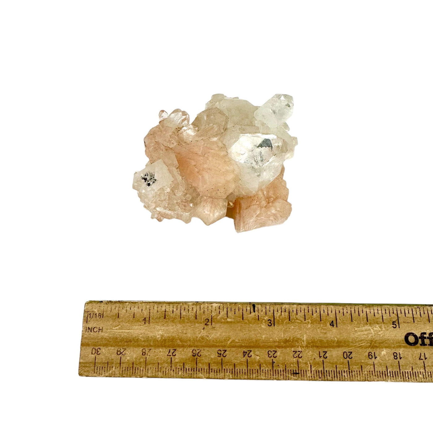 Peach Stilbite Crystal with Apophyllite top view with ruler for size reference