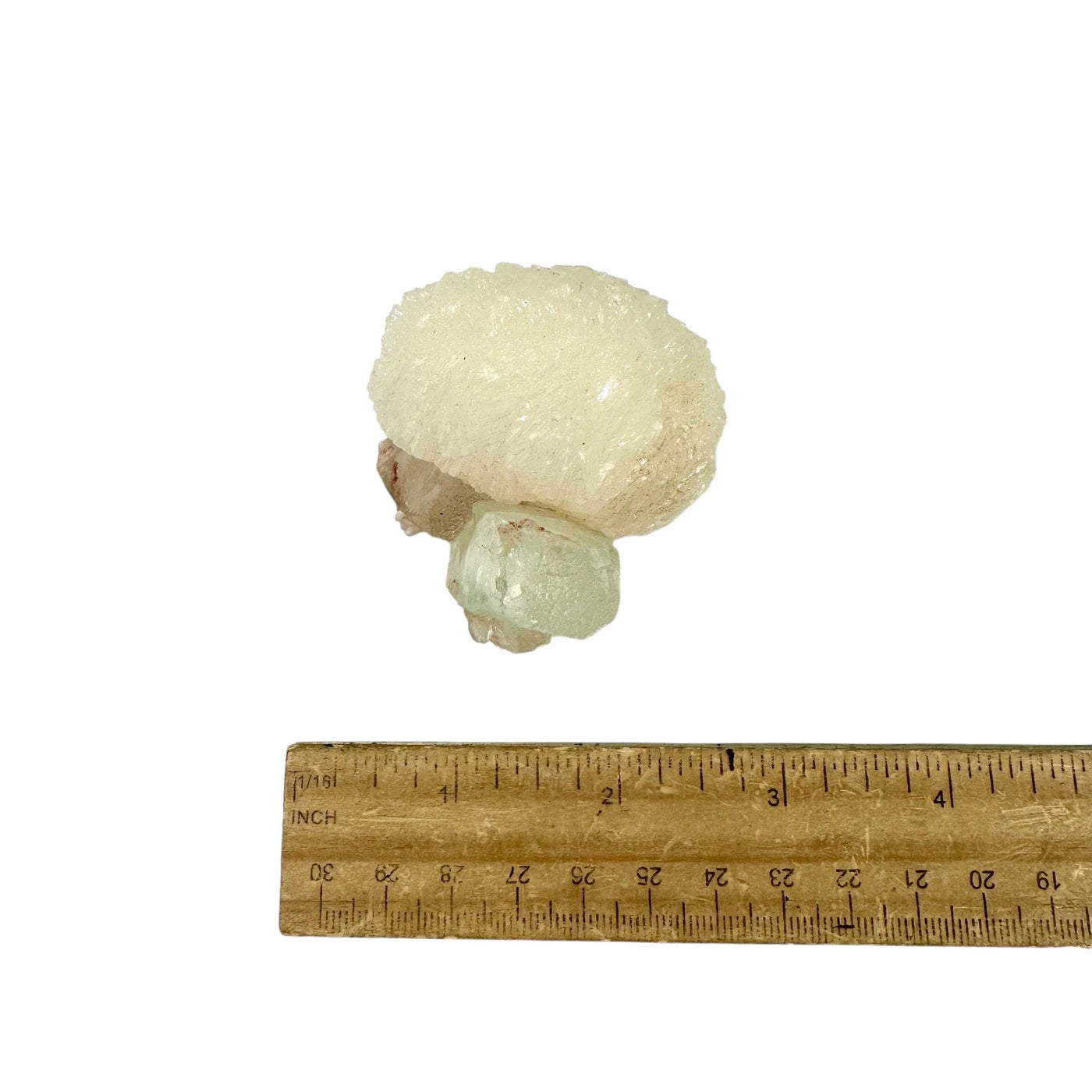 Stilbite Crystal with Green Apophyllite and Zeolite with ruler for size reference