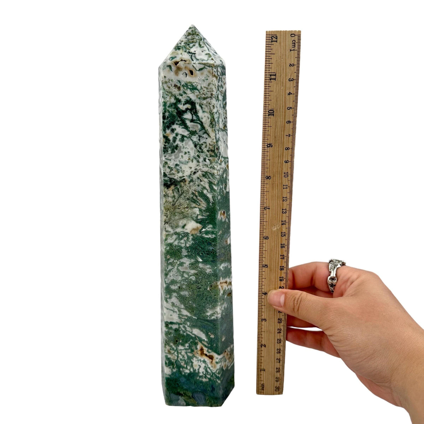 Moss Agate Tower - OOAK - OOAK front view with ruler and hand for size reference