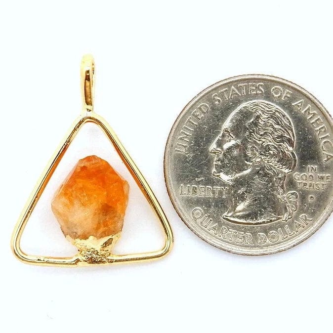  Gold Plated Citrine Point Accent  triangle pendant next to a quarter for size reference