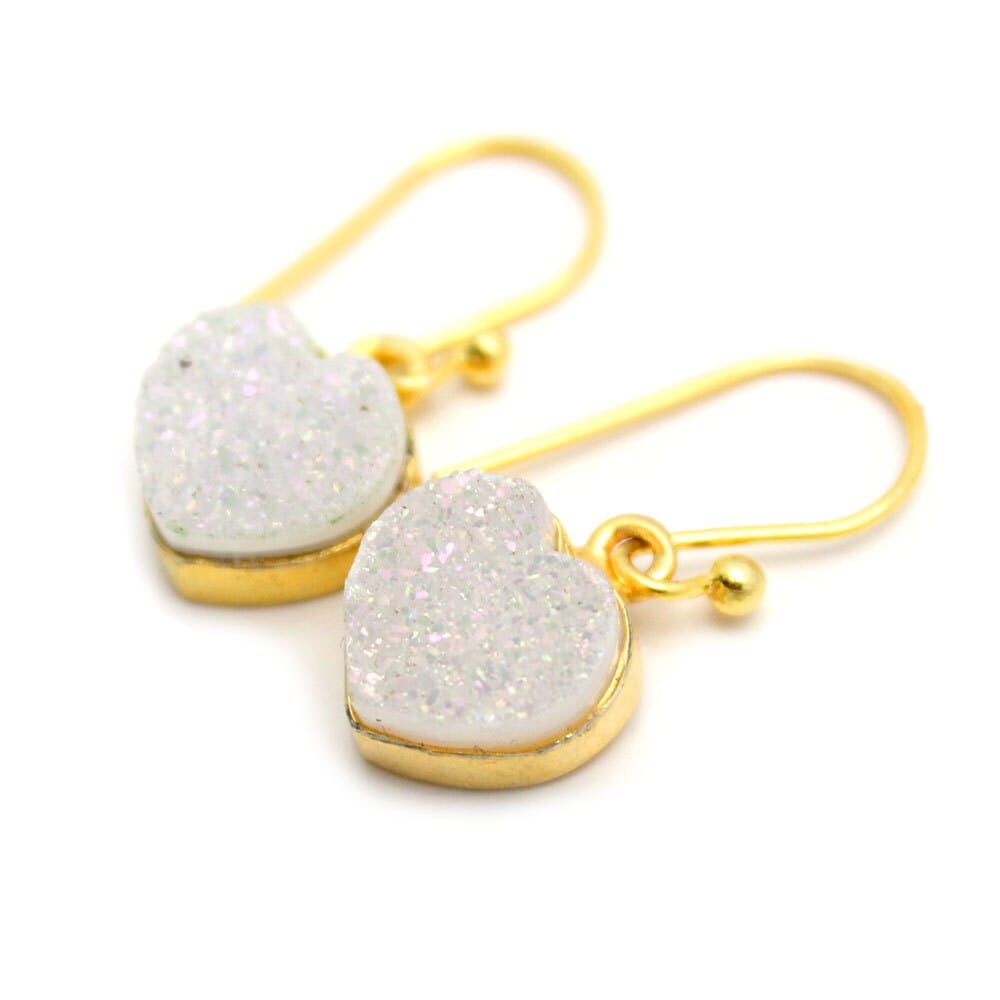 Shimmer Druzy Heart Earrings in Silver and Gold Plated Sterling Bezels and Ear Wires in gold with shimmer druzy