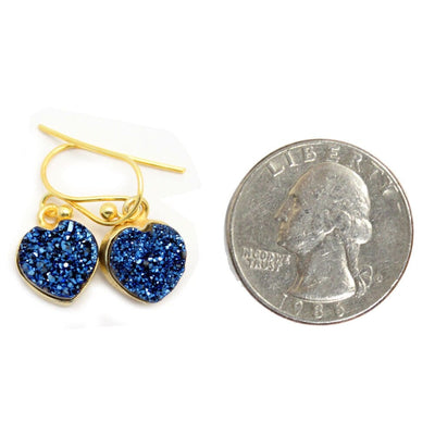 Shimmer Druzy Heart Earrings in Silver and Gold Plated Sterling Bezels and Ear Wires next to a quarter for size reference