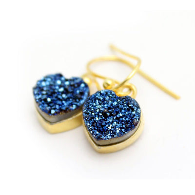 Shimmer Druzy Heart Earrings in Silver and Gold Plated Sterling Bezels and Ear Wires in blue druzy
