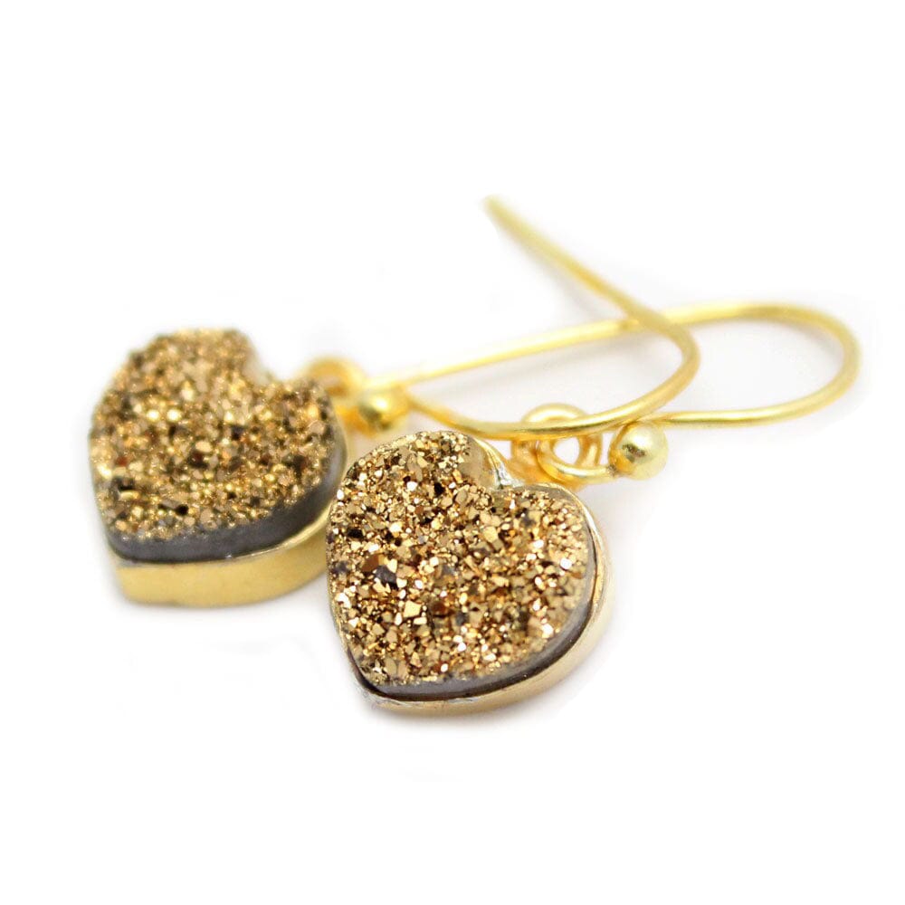 Shimmer Druzy Heart Earrings in Silver and Gold Plated Sterling Bezels and Ear Wires in gold finish and gold druzy