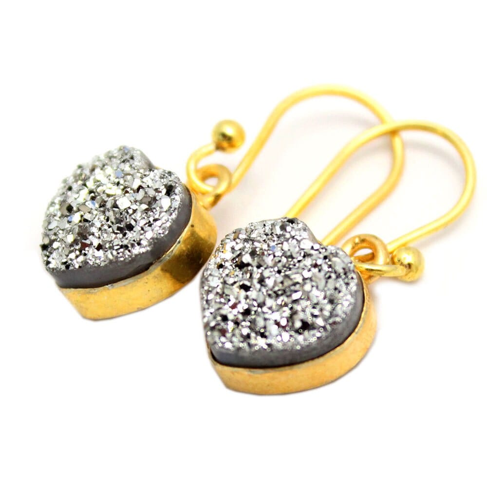 Shimmer Druzy Heart Earrings in Silver and Gold Plated Sterling Bezels and Ear Wires in gold and platinum druzy