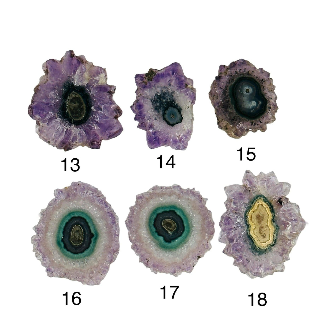 amethyst stalactite slices on white background