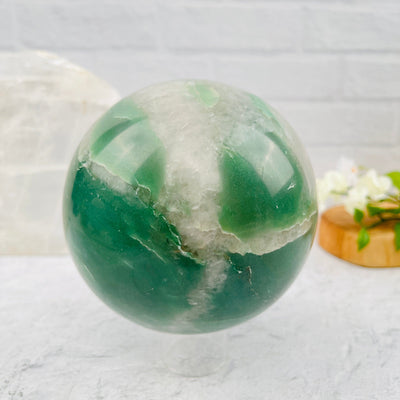 Green and White Quarts Sphere - OOAK - front