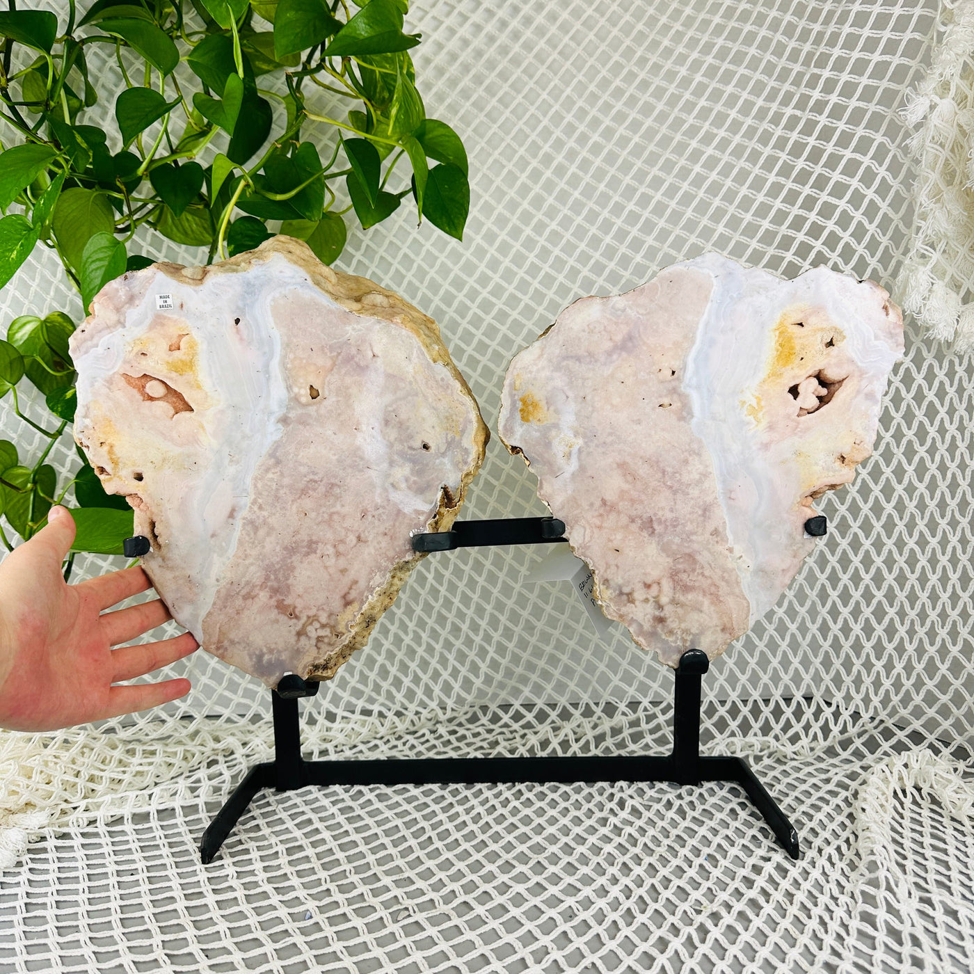 hand next to Pink amethyst double wings on metal stand with decorations in the background