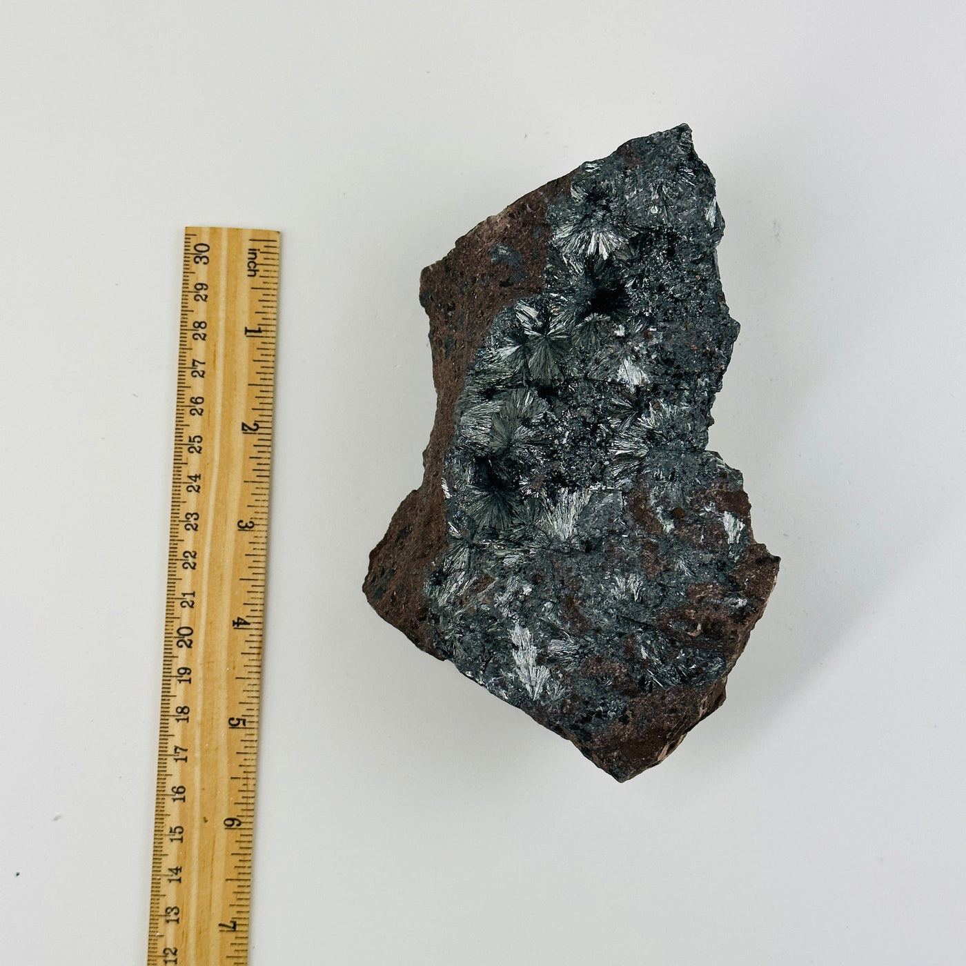 stibnite on matrix formation next to a ruler for size reference