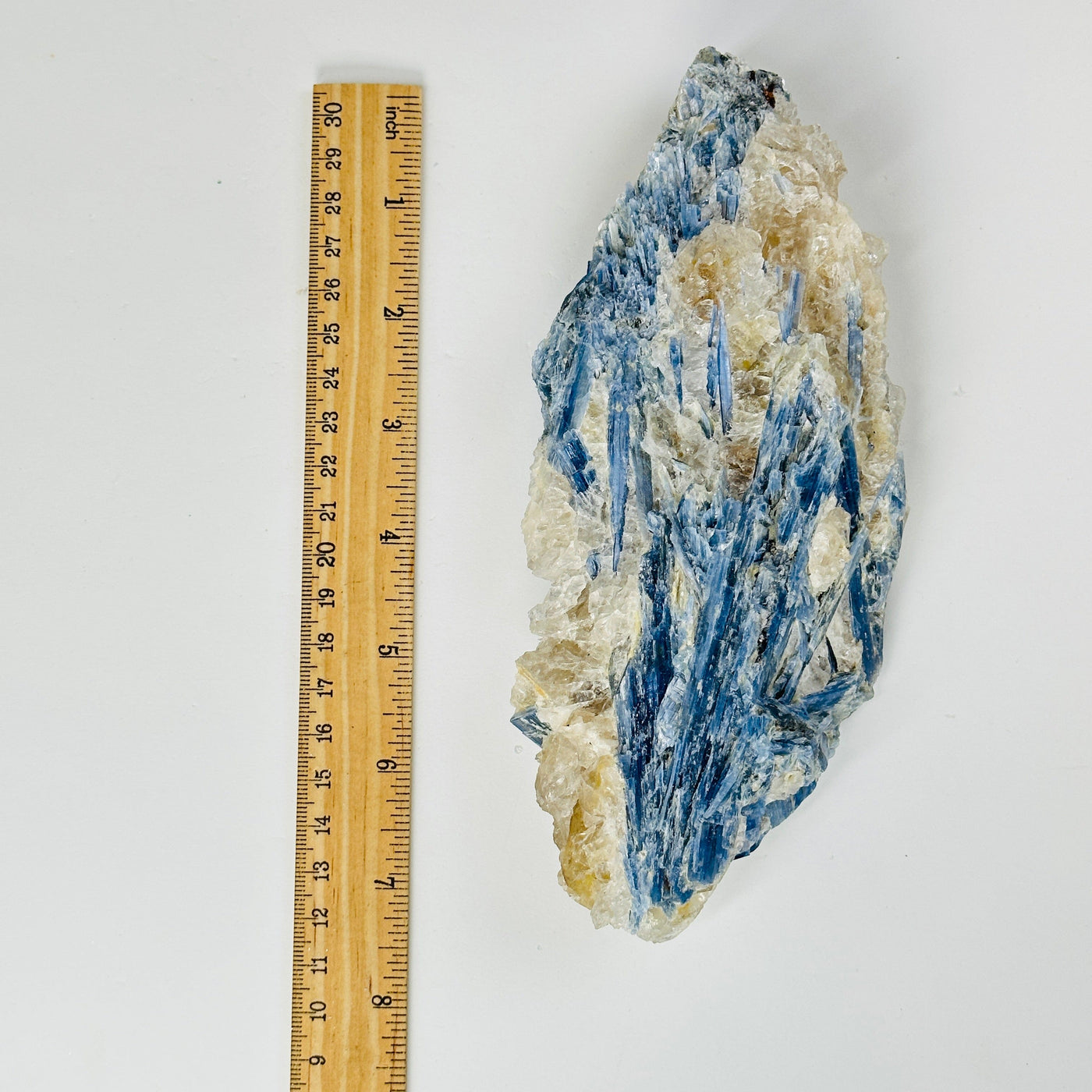 kyanite cluster next to a ruler for size reference