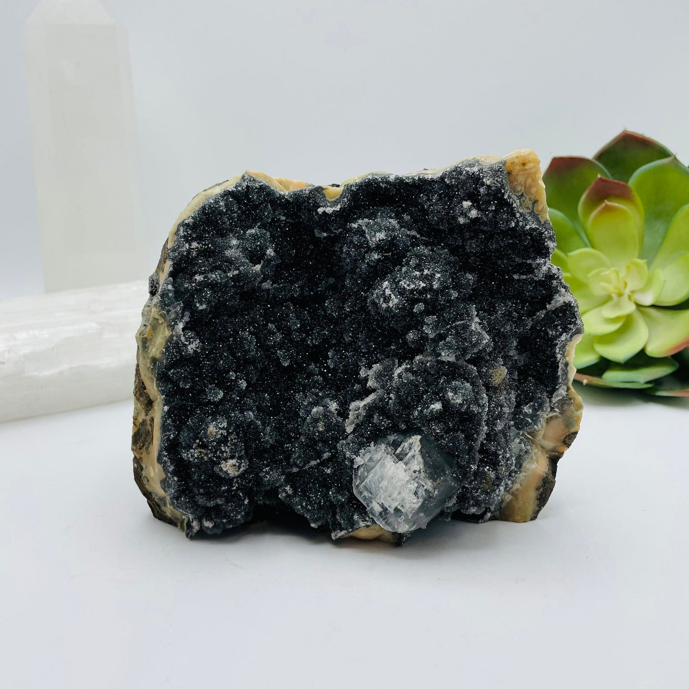 Black druzy amethyst cut base with decorations in the background