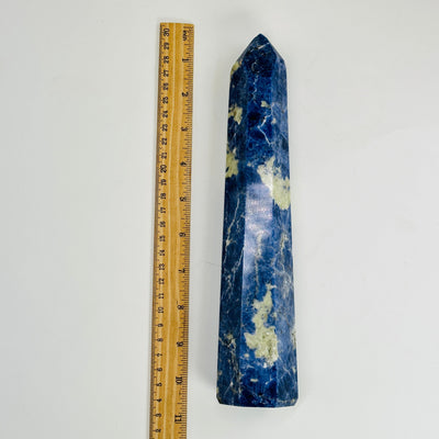 sodalite polished point next to a ruler for size reference